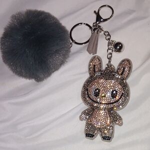 Gray and Silver Bunny Keychain with Pom Pom